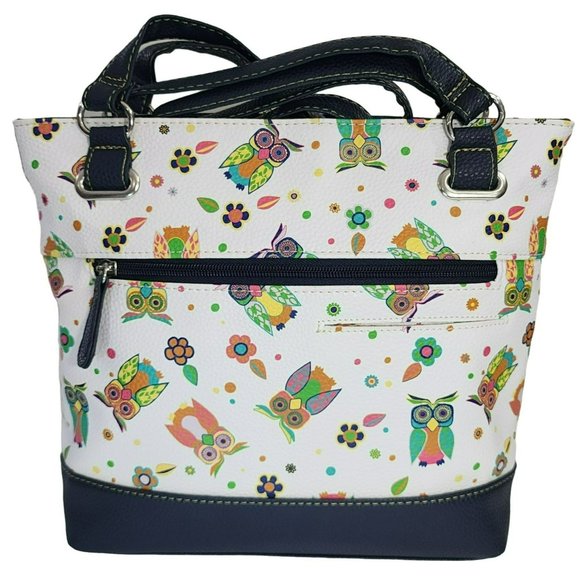 Stone Mountain Bonded Leather Printed Owls Megan Tote Shoulder Handbag 8 Pockets - Picture 8 of 16
